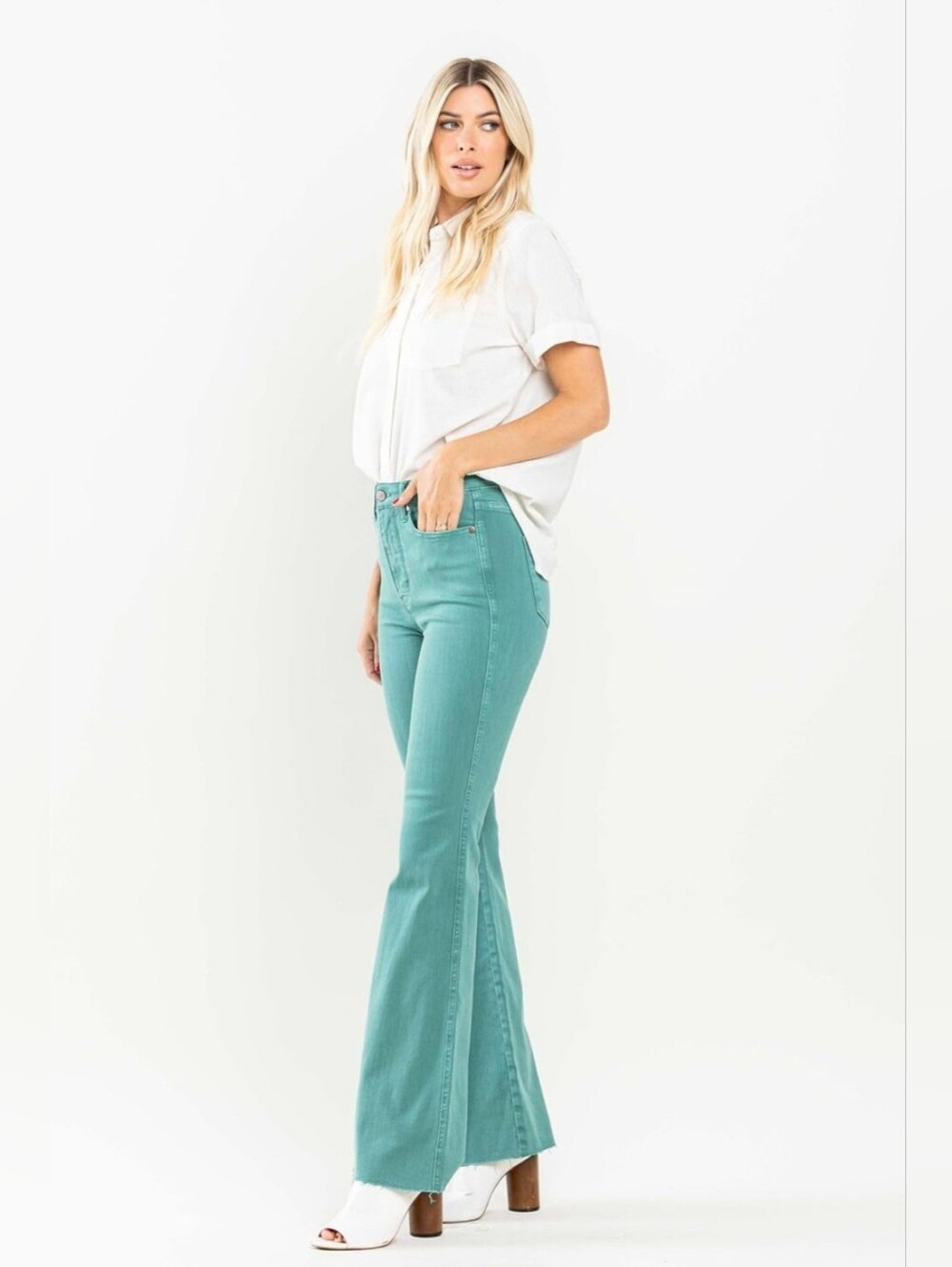 Judy Blue High Rise Garment Dyed Flare Jeans Teal Green Raw Hem Stretch 5/27 NEW - Picture 8 of 12